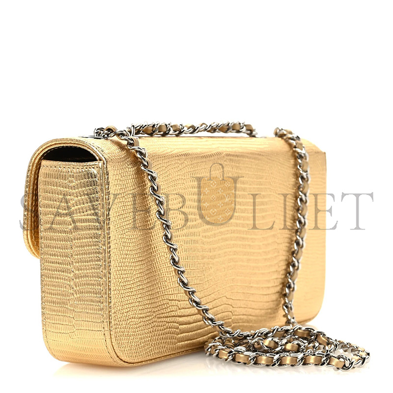 CHANEL MASTER METALLIC CALFSKIN LIZARD EMBOSSED SMALL EAST WEST FLAP GOLD (21.5*12*4cm)
